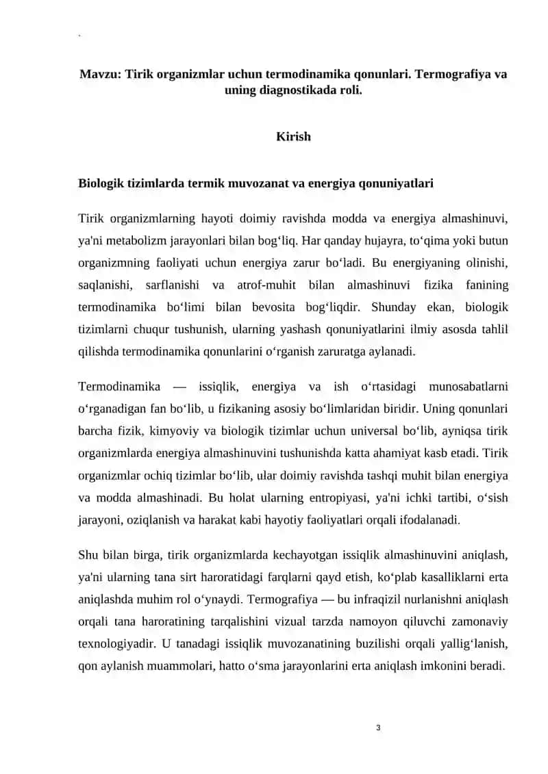 Tirik organizmlar uchun termodinamika qonunlari. Termografiya va uning diagnostikada roli 3