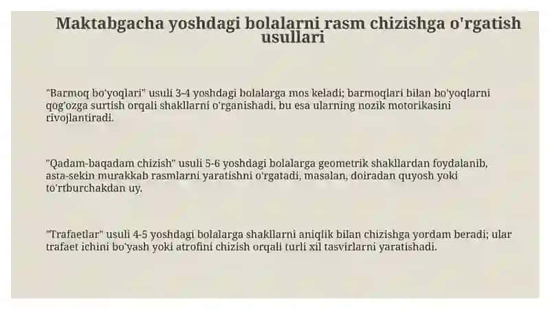 Maktabgacha yoshdagi bolalarni rasm chizishga o'rgatish usullari 3