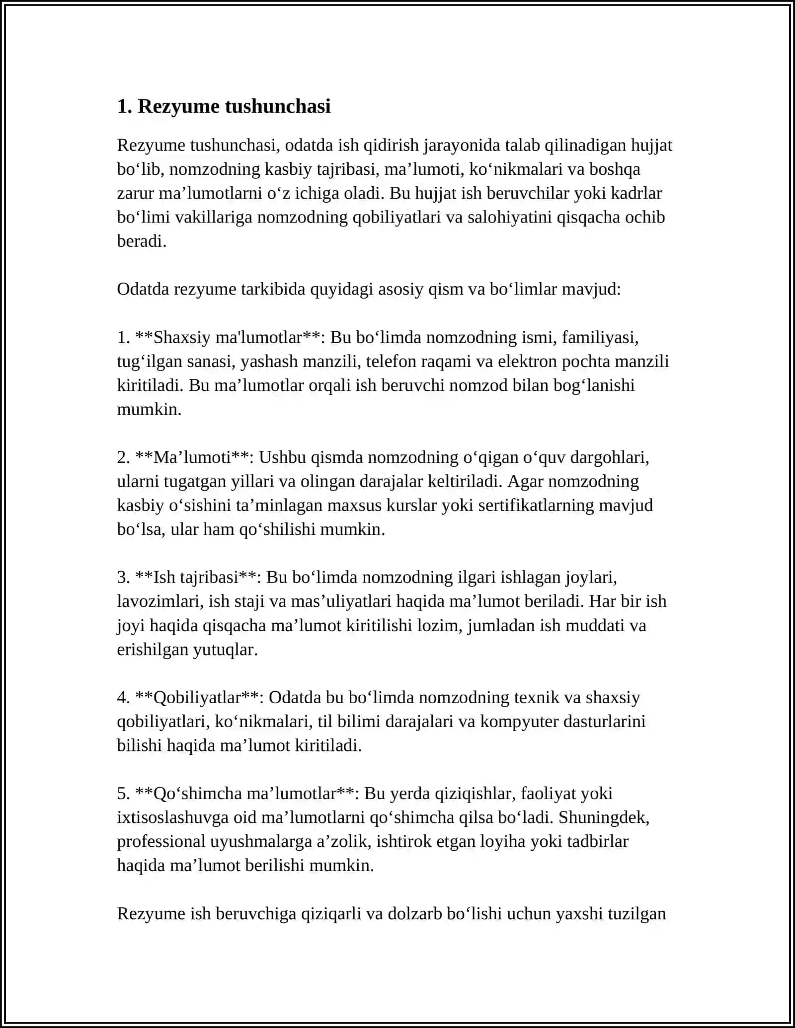 REZYUME.CV.MALUMOTNOMA HUJJATLARI.ULAR ORASIDAGI FARQLAR 3