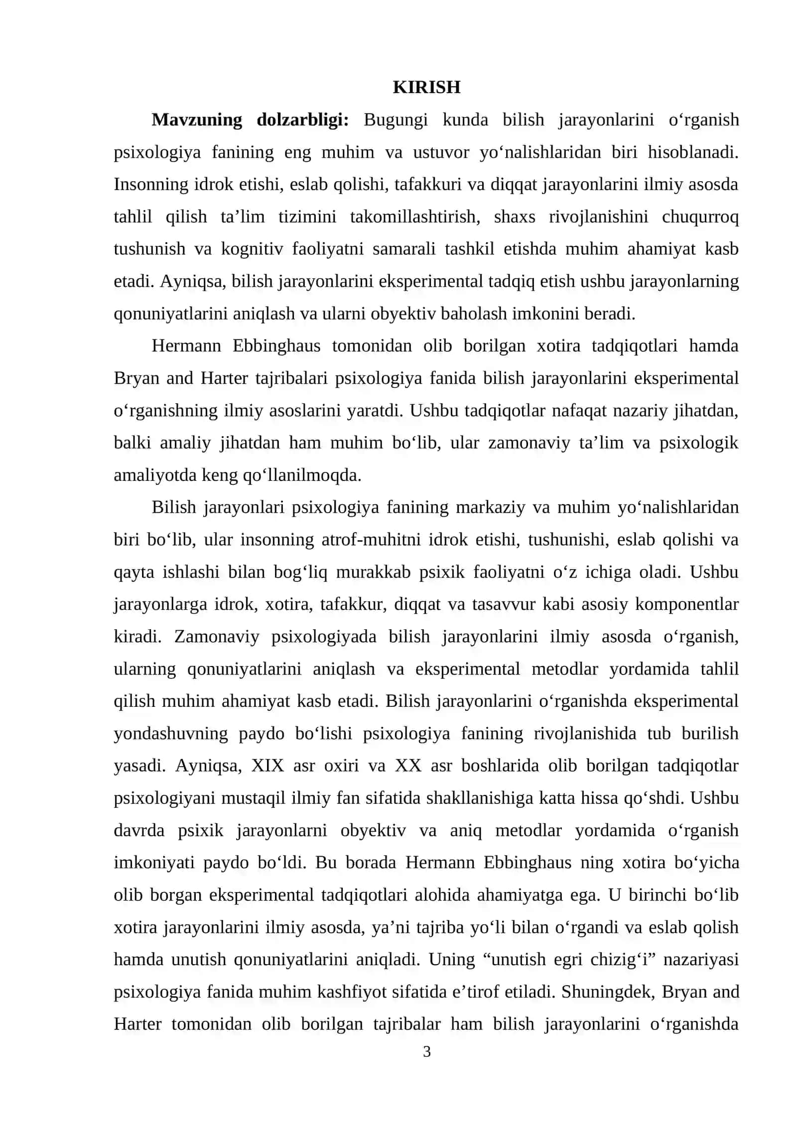 BILISH JARAYONLARINI EKSPERIMENTAL TADQIQ ETISH. EBBINGAUZ, BRAYYAN VA XARTER TAJRIBALARINING ILMIY TAHLILI 3