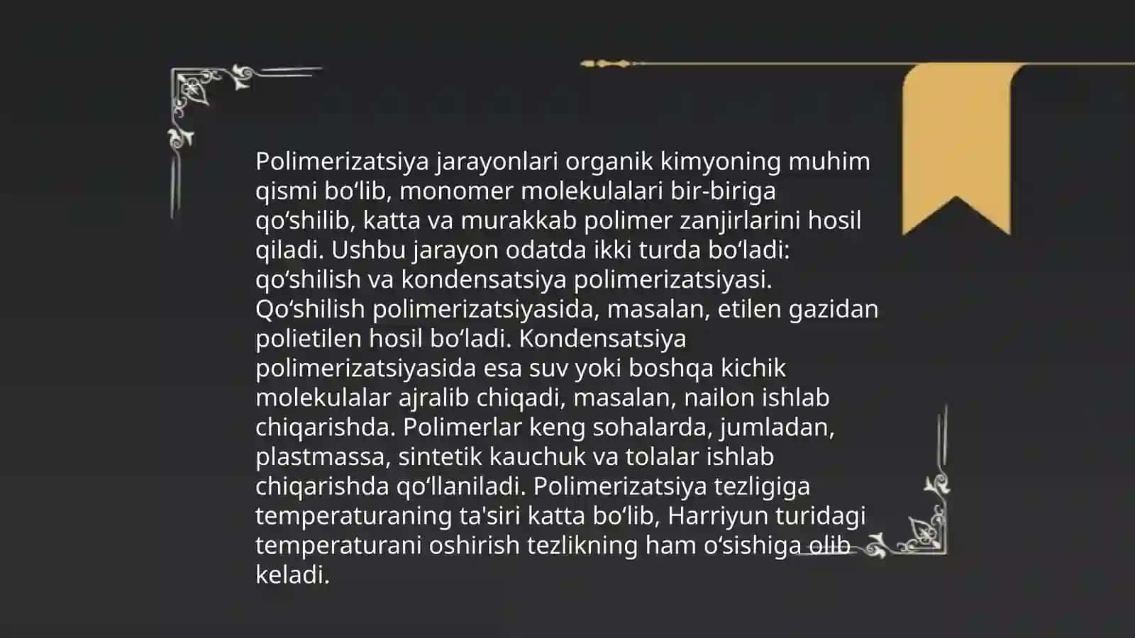 Sanoatda polimerlarni olish usullari Yoʻldashova Zarnigor 3