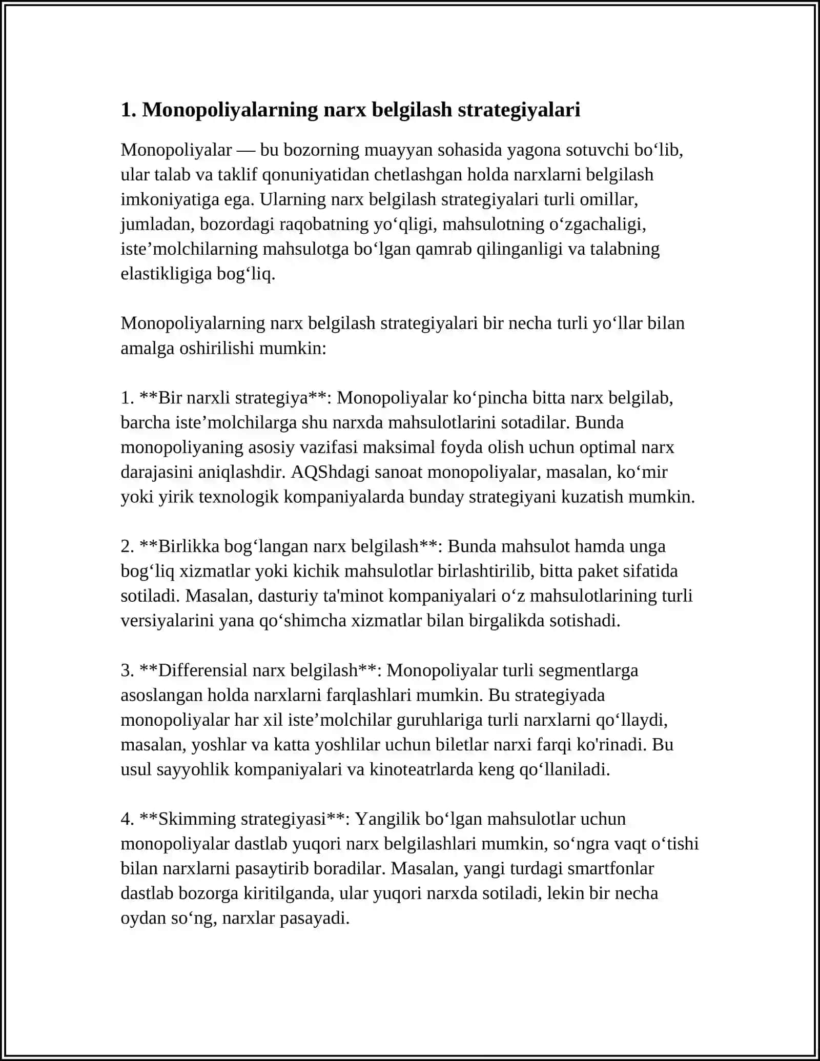 MANAPOLISTIK KORXONANING NARX SIYOSATI VA FOIDASNI MAKSIMALASHTIRISH 3