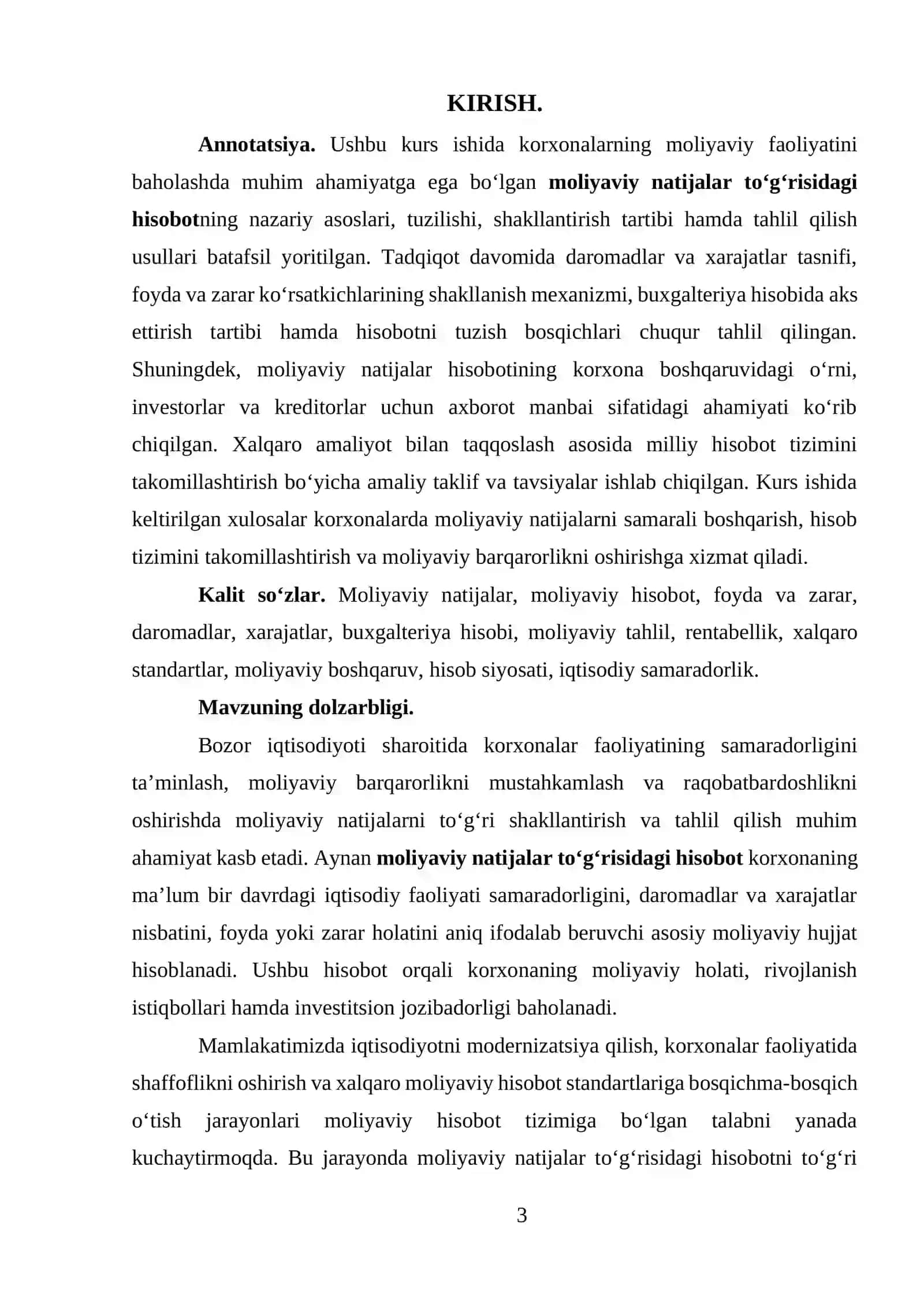 Moliyaviy natijalar to'g'risidagi hisobot KURS ISHI 3