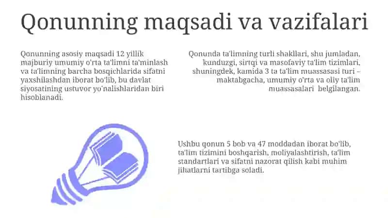 Oʼzbekiston Respublikasi "Ta'limi toʼgʼrisida" gi Qonuni va uning mazmun mohiyati 3