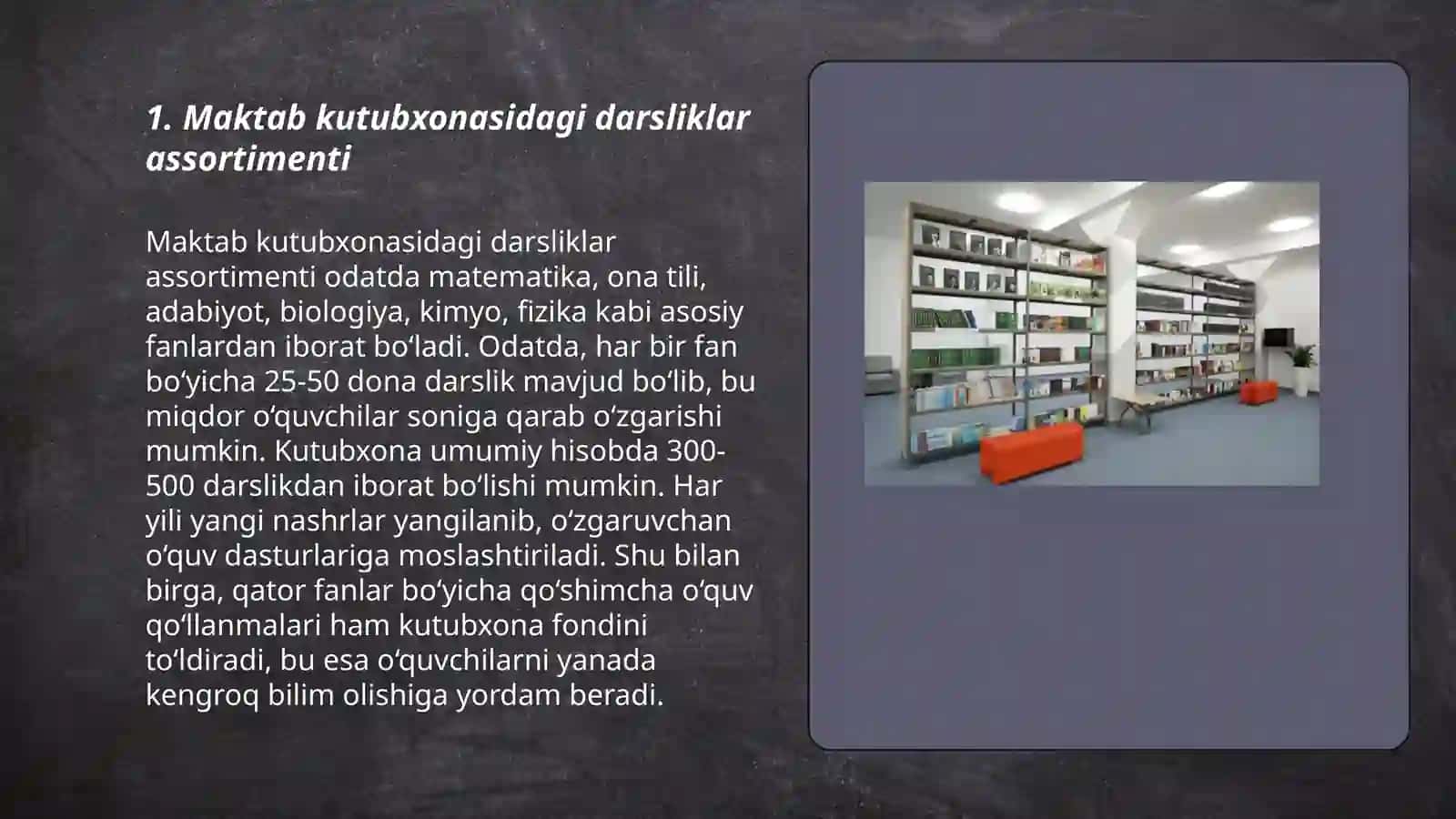 Maktab kutubxonasidagi darsliklar, elektron resurslar hamda fan xonalarining jixozlanishini oʻrganish 3