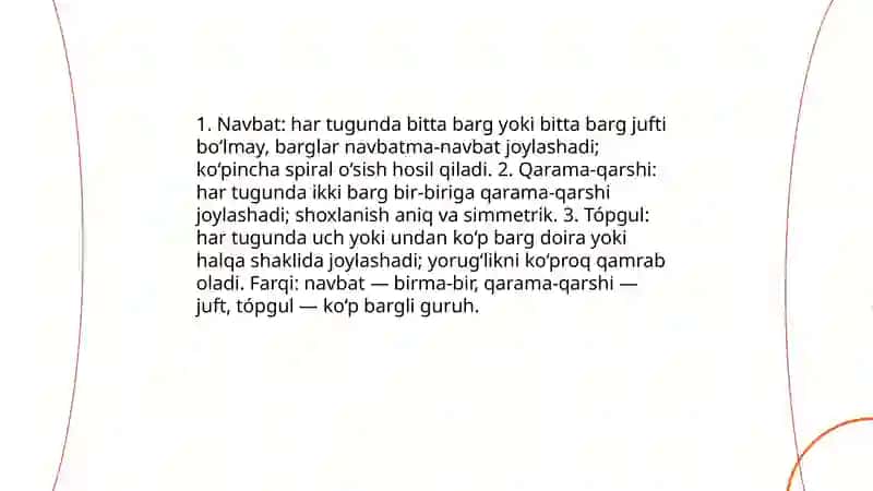 Ósimliklarning barg joylashishini(navbat va navbat, qarama-qarshi, tópgul) tahlil qilish 3