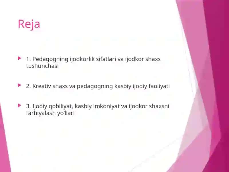 Pedagogning ijodkorlik sifatlari.Ijotkor shaxs kryariv shaxs kasbiy ijodiy faoliyat , kasbiy imkoniyati ijodiy qobilyat kabi ijotkor shaxsni tarbiyalash yo'llari. 3
