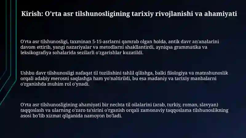 Oʻrta asrlar tilshunosligi( Arab, Oʻrta Osiyo, yevropa, Rus tilshunosligi) 3