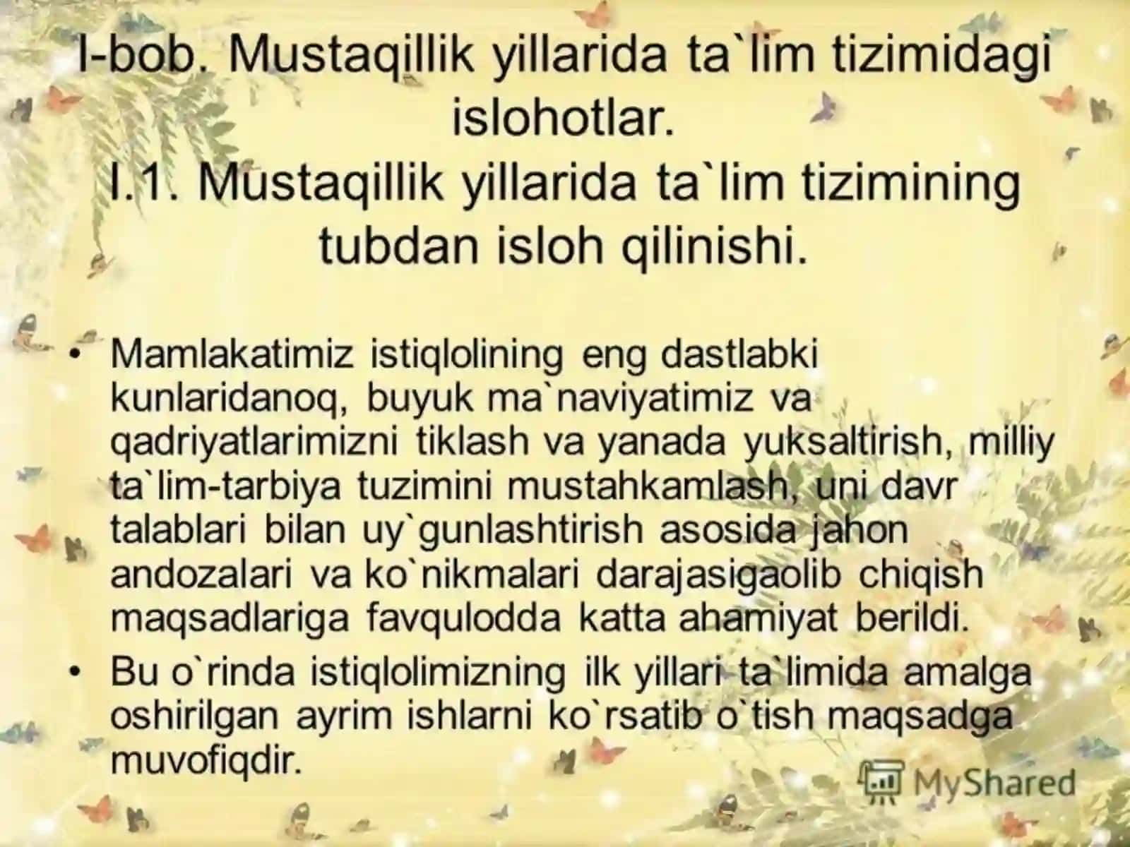 MUSTAQILLIK YILLARIDA TA'LIM TARBIYA TAYYORLDAI:TOJIBOYEVA DINORA 19/3 GURUH 3