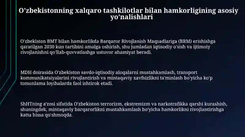 O'zbekistonning xalqaro tashkilotlar bilan hamkorlik aloqalari 3