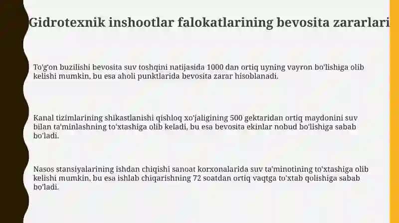 Gidrotexnik inshootlar falokatlarining bevosita zararlari 3