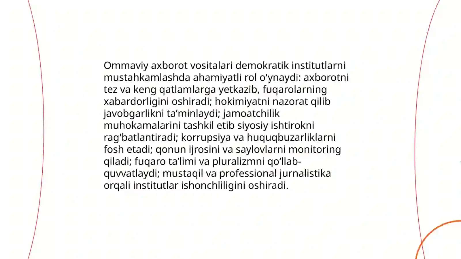 Oʻzbekistonning demokratik rivojlanishi va fuqarolarning jamiyat hayotidagi faolligini oshirishda ommaviy axborot vositalari va axborotning ahamiyati 3