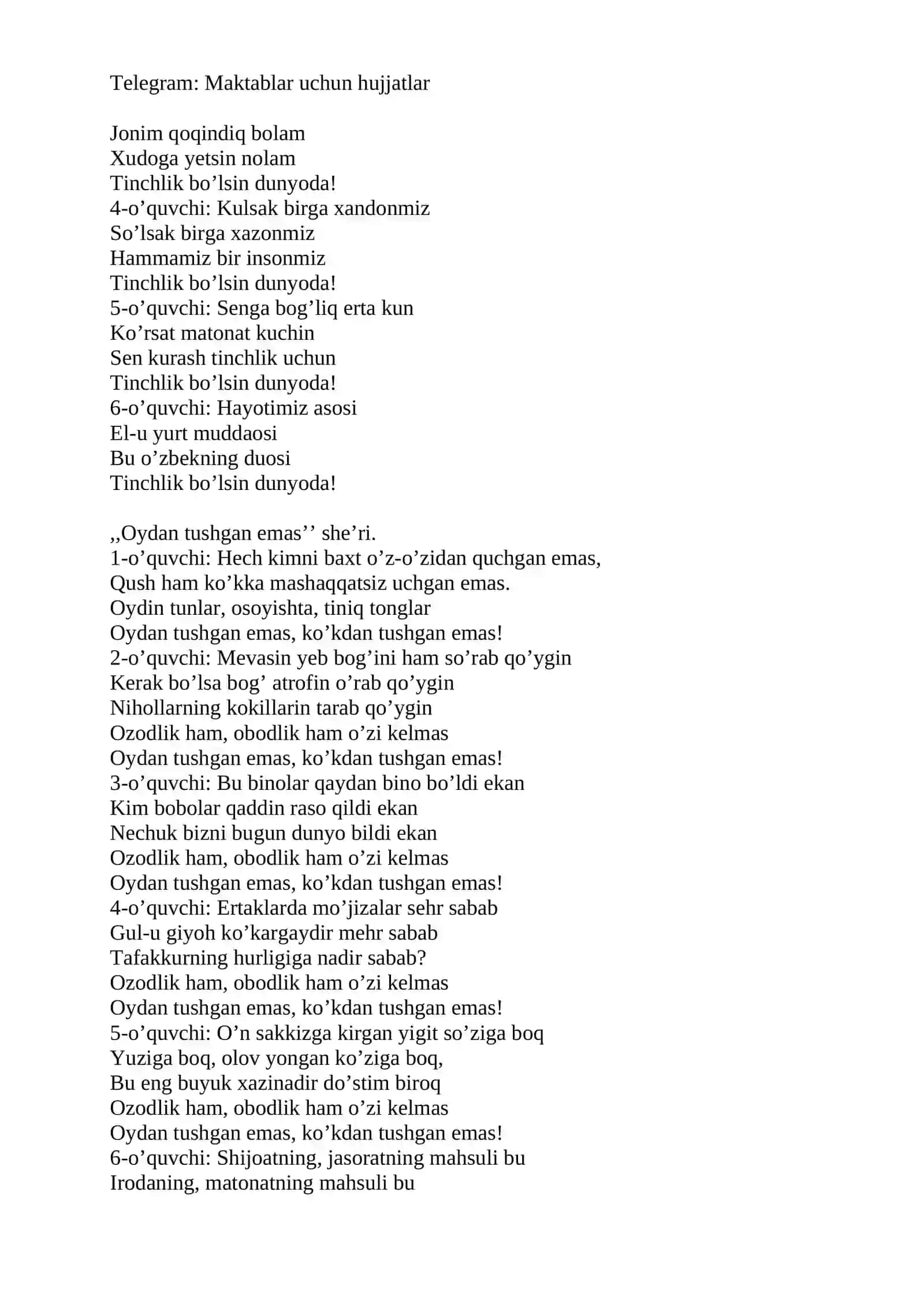 “Tinchlik, xotirjamlik-be’baho ne’mat” mavzusidagi tadbir senariysi 3