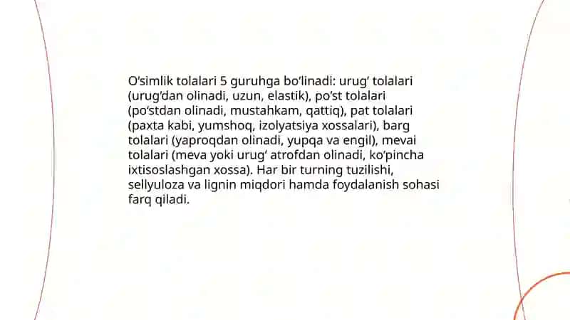 O‘simliklar asosida olinadigan tolalar, tuzilishi va xossalari 3