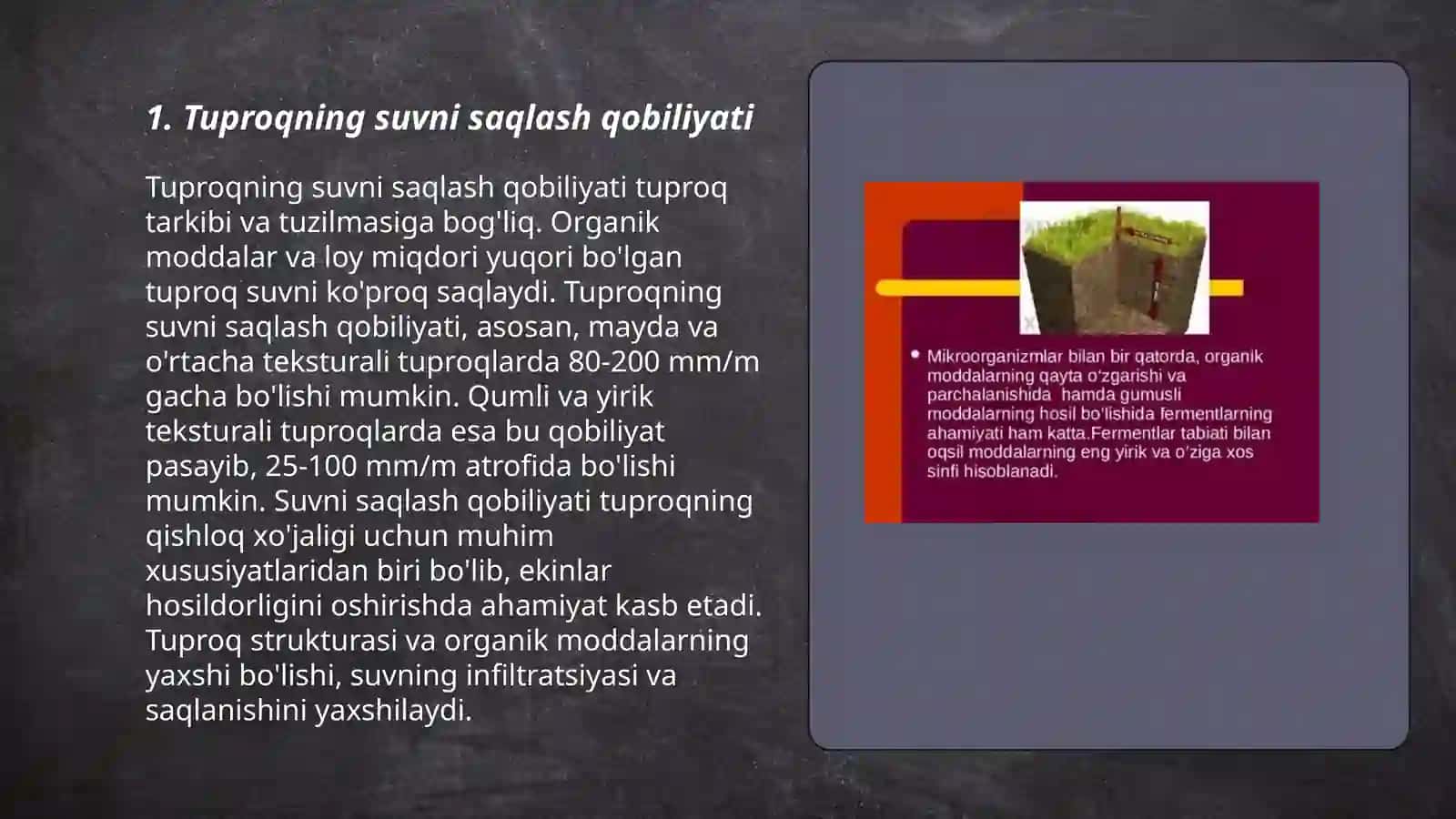 Tuproqning suv xossalari va havo xossasi. Tuproq unumdorligi turlari va uni oshirish yo'llari 3