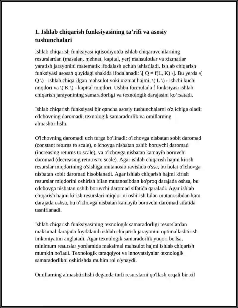 Ishlab Chiqarish Funksiyasi va Firmalar Faoliyatida Uning Qo'llanilishi 3
