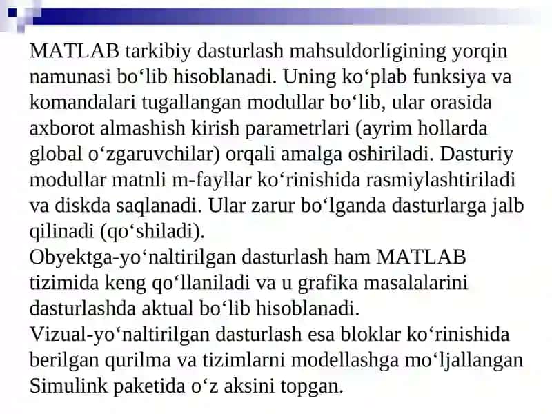 MATLAB tarkibiy dasturlash mahsuldorligi 3
