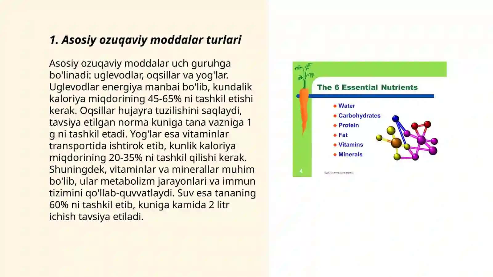 Asosiy ozuqaviy moddalar. Mineral moddalar va vitaminlarning biologik roli va asosiy mabalari 3