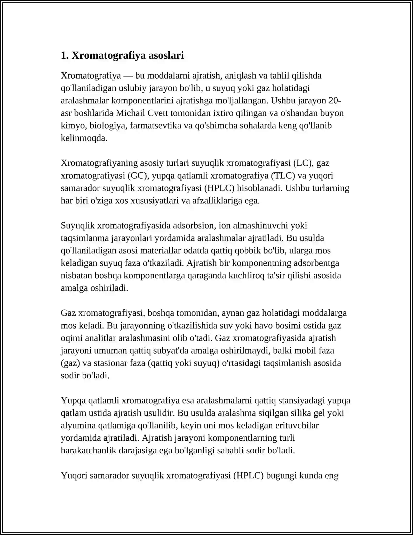 XROMATOGRAFIYAIKOGʻAZI. MOXIYATI USUL TAVSIFI MIQDORI. MARHILAHOI MOBILI VA STATSIYONARI 3