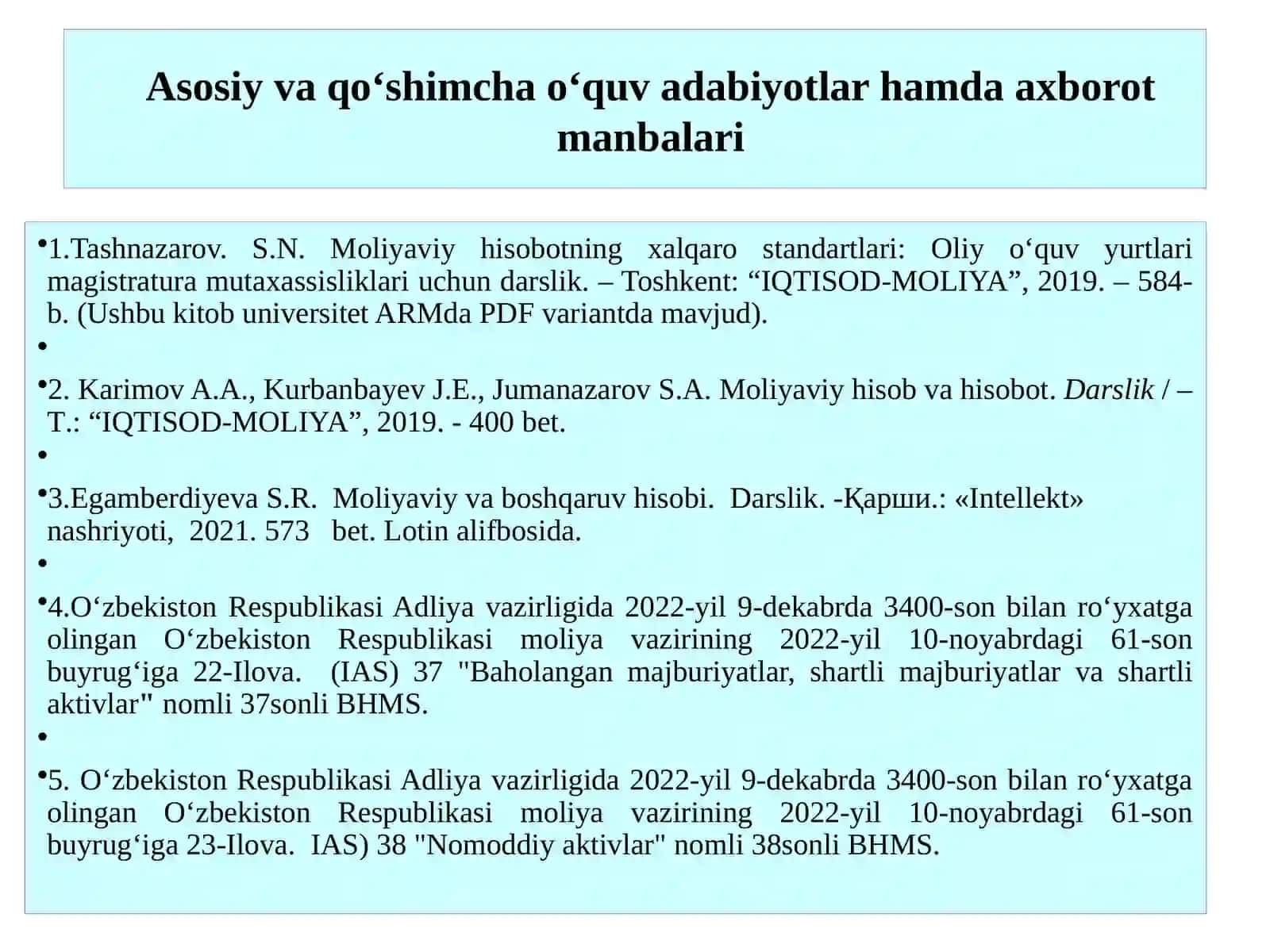 NOMODDIY AKTIVLAR, REZERVLAR, SHARTLI MAJBURIYATLAR VA AKTIVLARNI MOLIYAVIY HISOBOTDA AKS ETTIRISH QOIDALARI 3