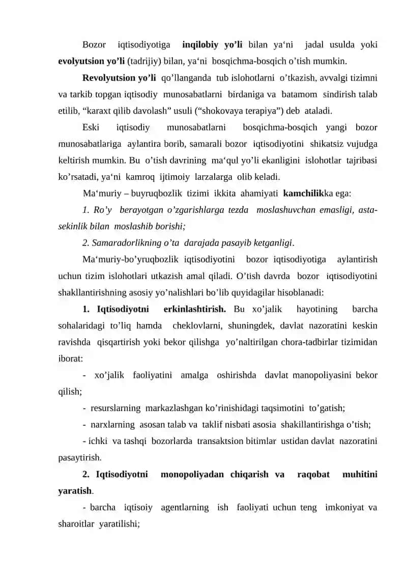 Bozor iqtisodiyotiga o’tish davri va uning o’zbekistondagi xususiyatlari 3