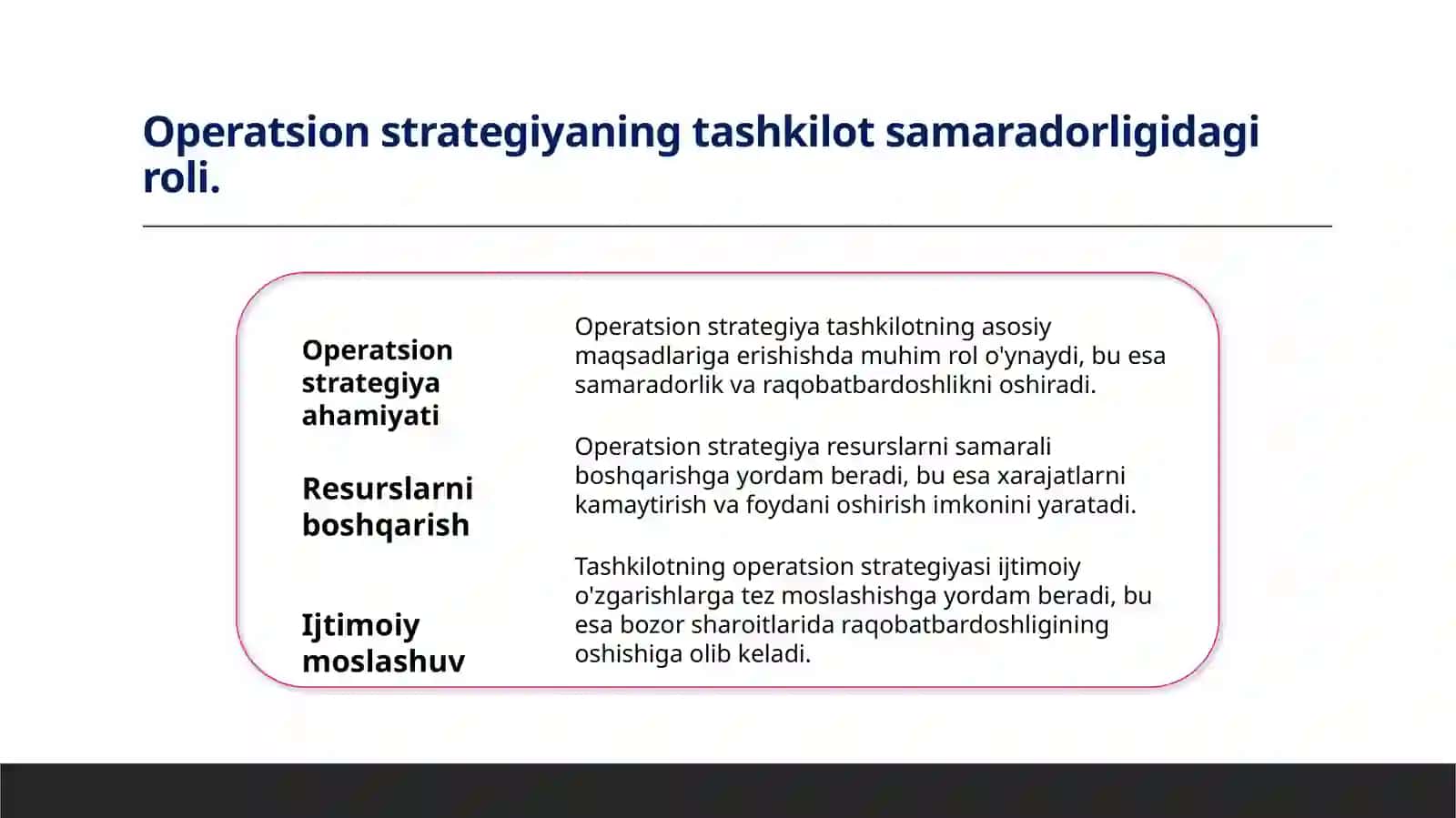Operatsion strategiya tashkilotning operatsion tizimini yaratishdagi asos sifatida 3