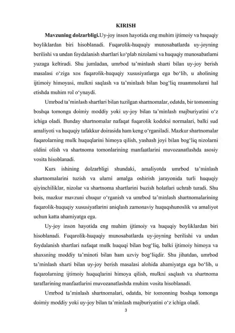 UMRBOD TA'MINLASH SHARTI BILAN UY-JOY KVARTIRANI BOSHQA SHAXSGA BERISHNING FUQAROLIK-HUQUQIY XUSUSIYATLARI. 3