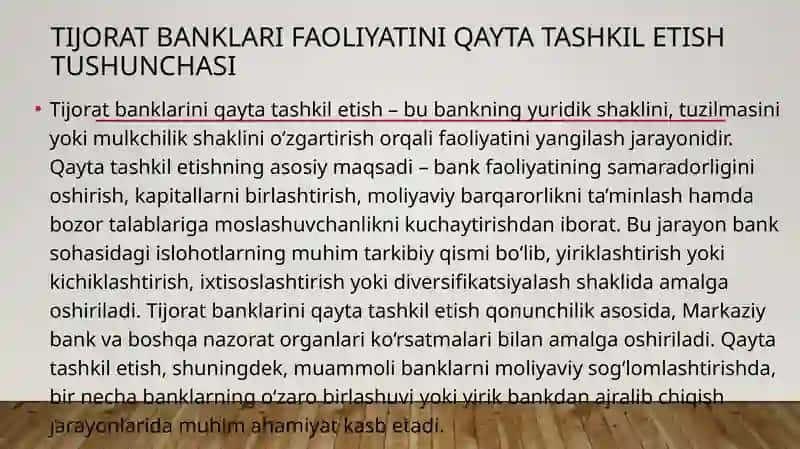 Tijorat banklari faoliyatini qayta tashkil etish  shakllari 3