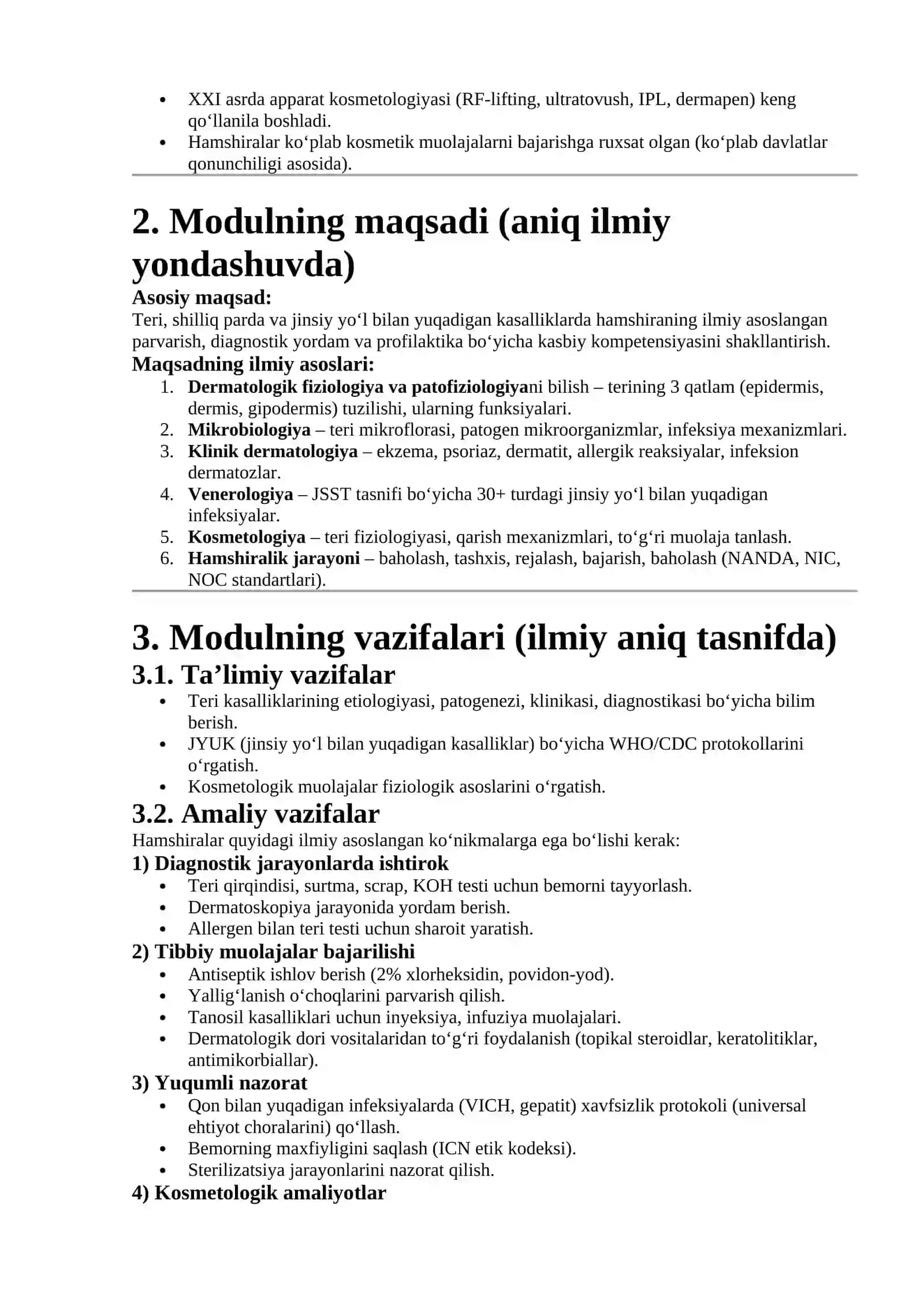 Teri tanosil kasalliklari va kosmetologiyada hamshiralik ishi modulining rivojlanish tarixi, maqsad va vazifalari 3