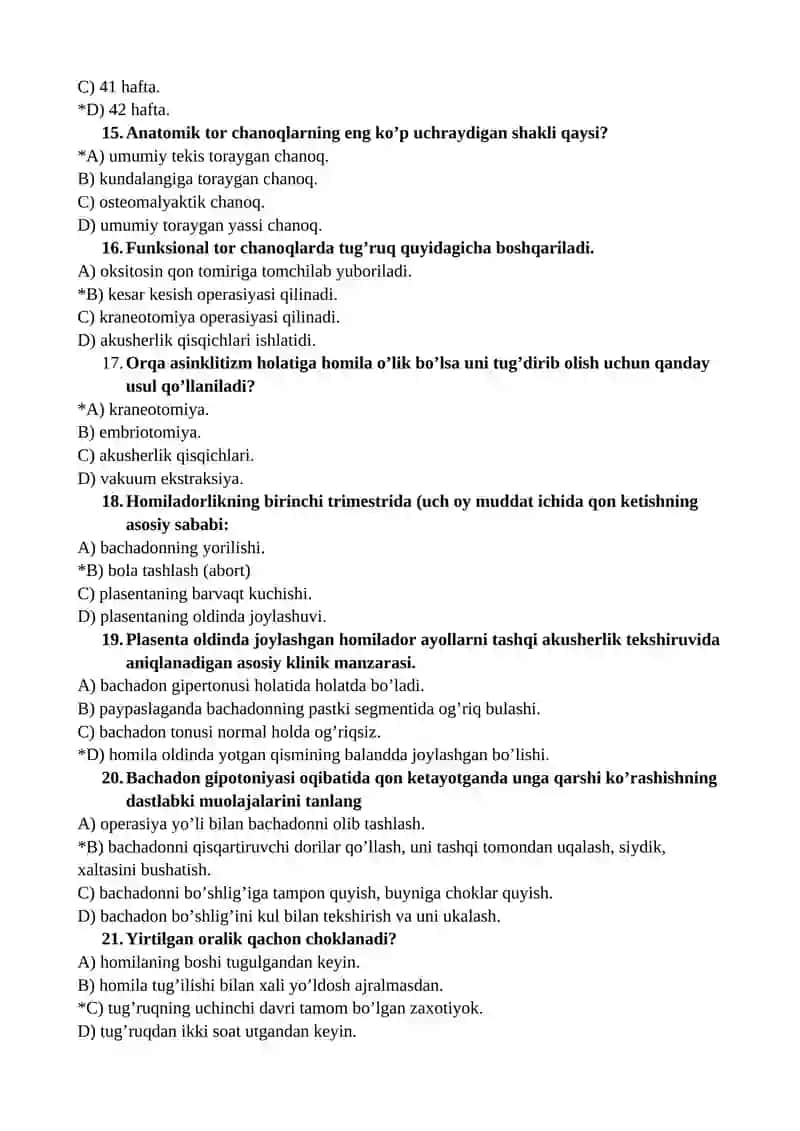 AKUSHERLIK VA GINEKOLOGIYADA HAMSHIRALIK ISHI FANIDAN TEST SAVOLLARI 3