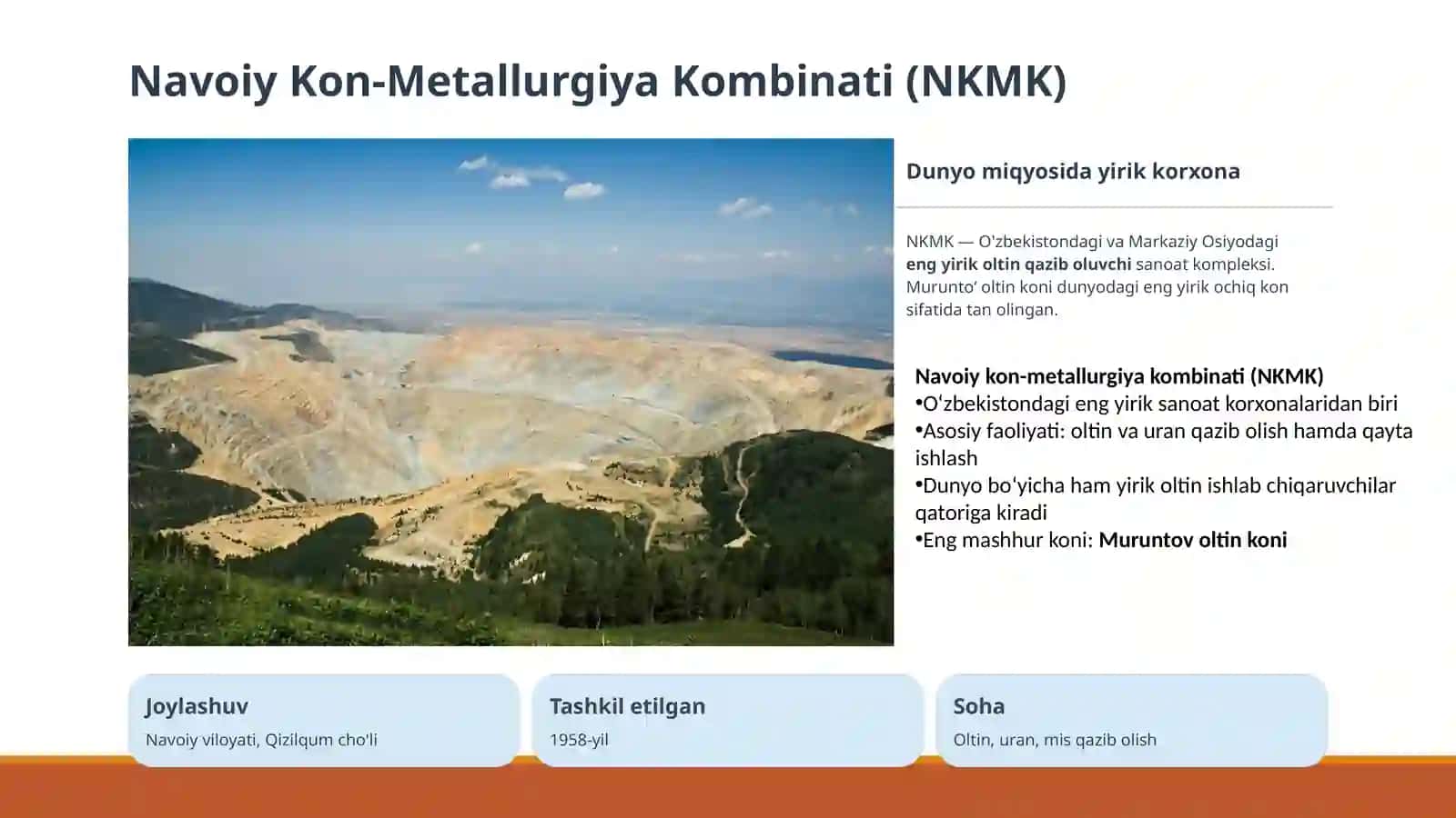 O'zbekistondagi eng yirik oltin qazib oluvchi korxona —Navoiy Kon-Metallurgiya Kombinati (NKMK) misolida konchilik sanoatini o'rganish 3