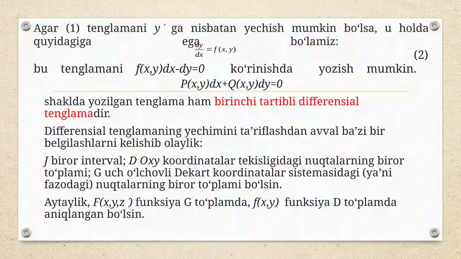 Birinchi tartibli differensial tenglamalar: o’zgaruvchilari ajraladigan differensial tenglamalar 3