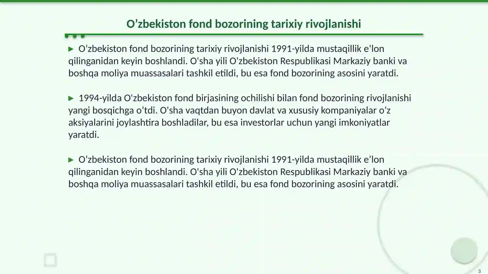 O’zbekiston Respublikasi fond bozorini shakllanishi va rivojlanish bosqichlari 3