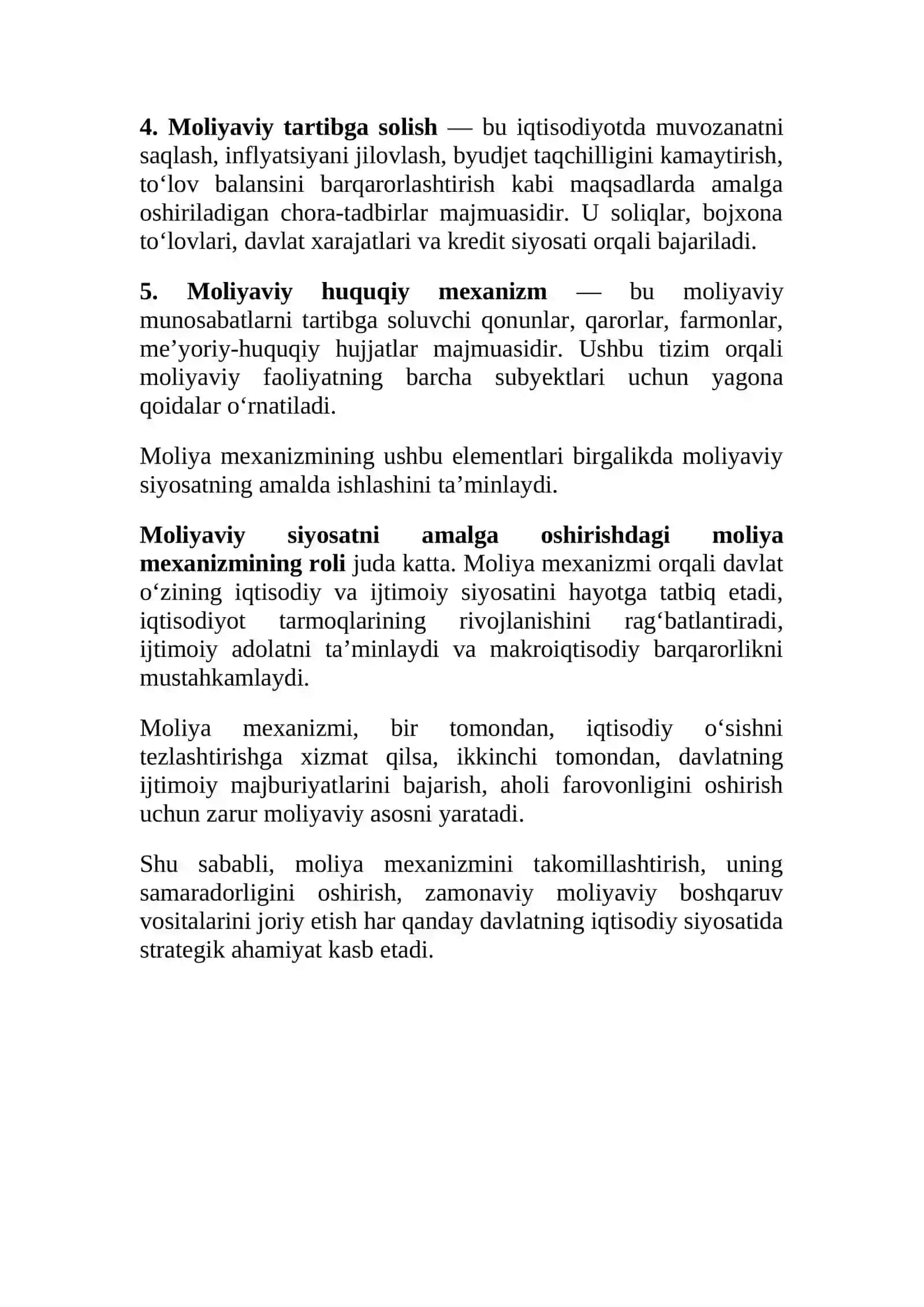 Moliya mexanizmi tushunchasi va uning iqtisodiyotdagi o‘rni 3