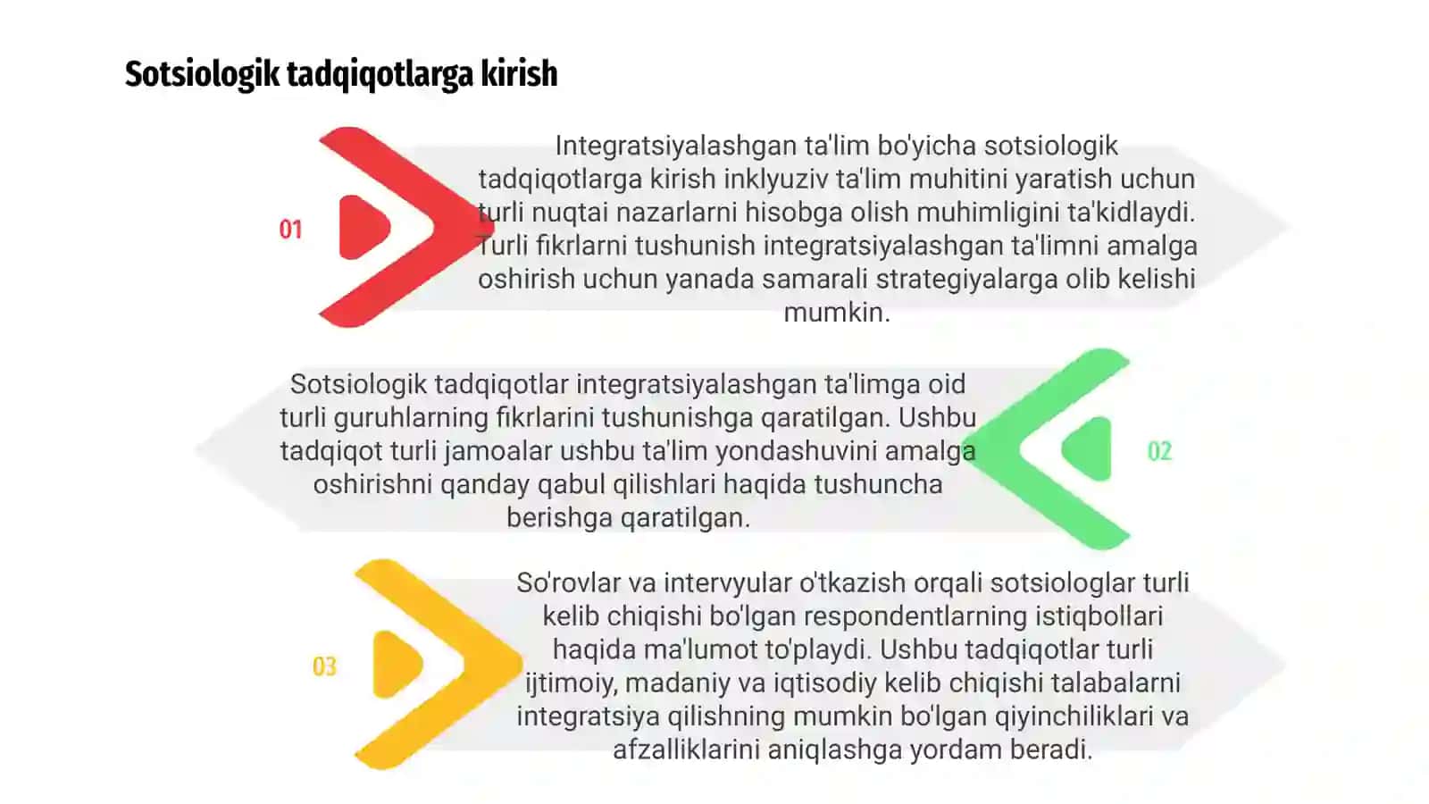 Integratsiyalashgan ta'limni amaliyotga tadbiq etish bo‘yicha turli guruhlarga mansub respondentlarning fikrlarini aniqlashga qaratilgan sotsiologik tadqiqiotlar 3