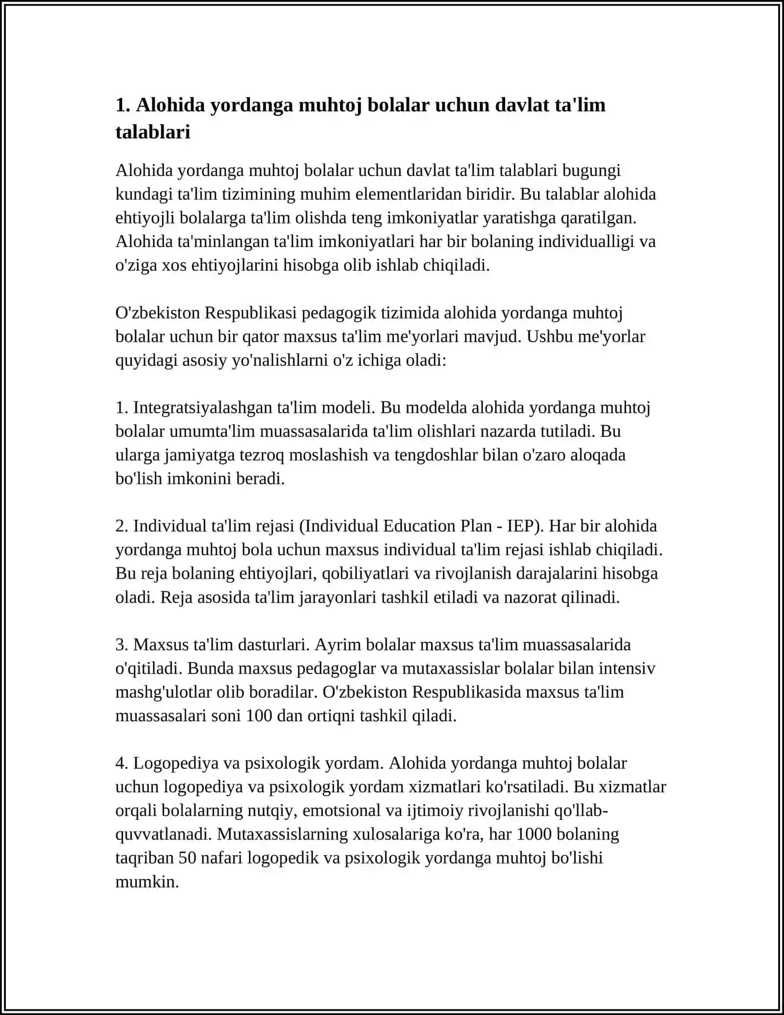 ALOHIDA YORDAMGA MUHTOJ BOLALAR MAKTABINING BOSHLANĞICH SINFLARI UCHUN DAVLAT TA'LIM TALABLARI VA OMMAVIY MAKTAB BOLALAR MAKTABINING BOSHLANĜICH SINFLARI UCHUN DAVLAT TA'LIM TALABLARINI QIYOSIY ÕRGANISH 3