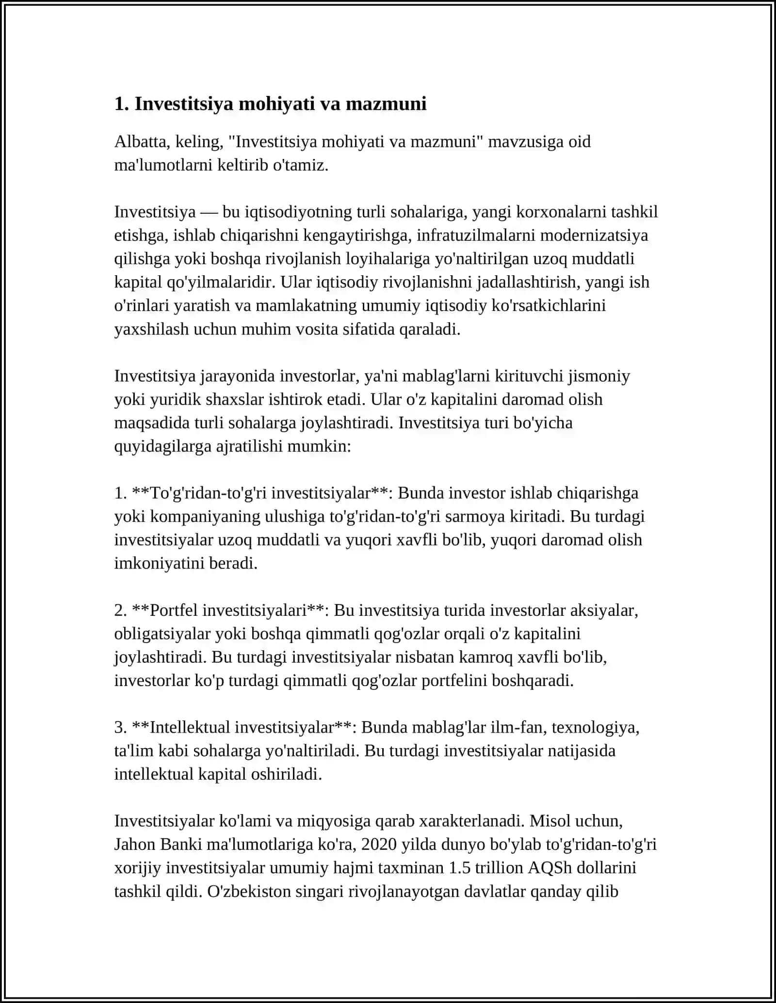INVESTITSIYA MOHIYATI, IQTISODIY MAZMUNI VA TURLARI 3