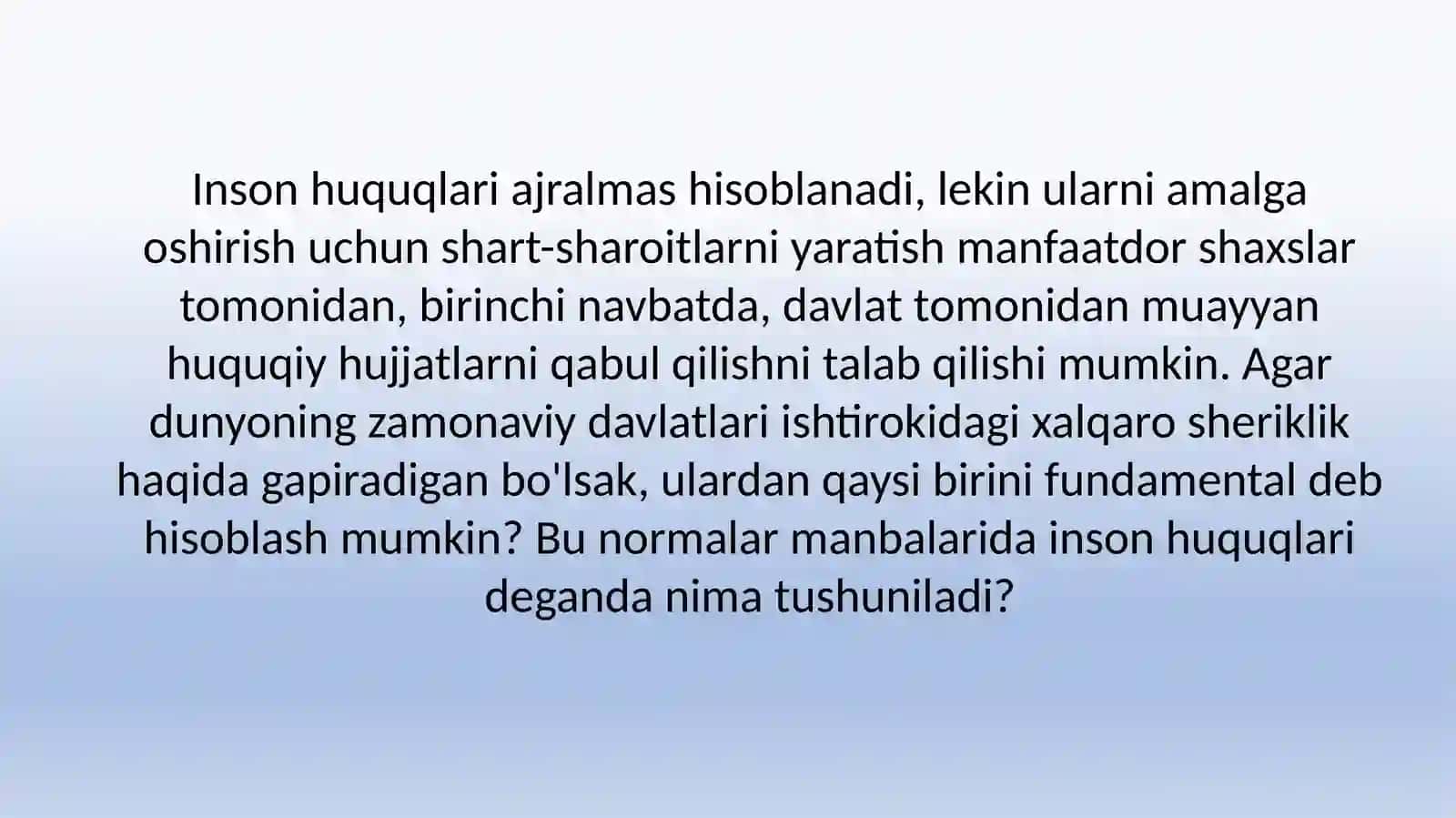 TOSHKENT XALQARO KIMYO INSTITUTI 2-KURS IMAP 701 U GURUH TALABASI KAMOLOVA NIGORANING HUQUQ FANIDAN TAYYORLAGAN MUSTAQIL ISHI 3