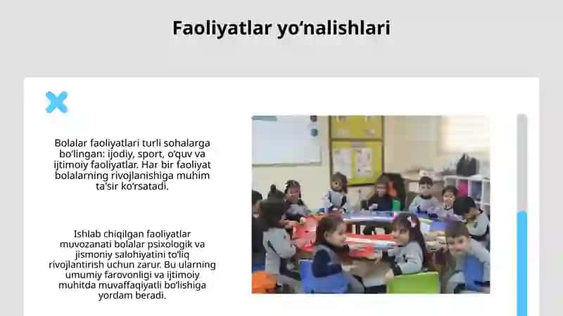 Bolalar faoliyati yo‘nalishlari. Faoliyatlarni haftaga teng taqsimlash 3