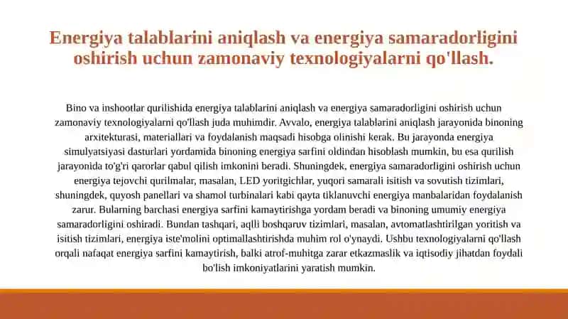 Bino va inshootlar qurilishi yer resurslaridan oqilona foydalanish. Bino va inshootlarda energiya talabi va issiqlik ta'minotini saqlash. 3
