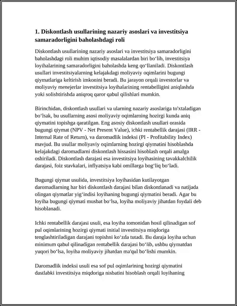 INVESTITSIYA LOYIXALARINING SAMARADORLIGINI DISKONTLASH USILLARI ASOSIDA BAXOLASH 3
