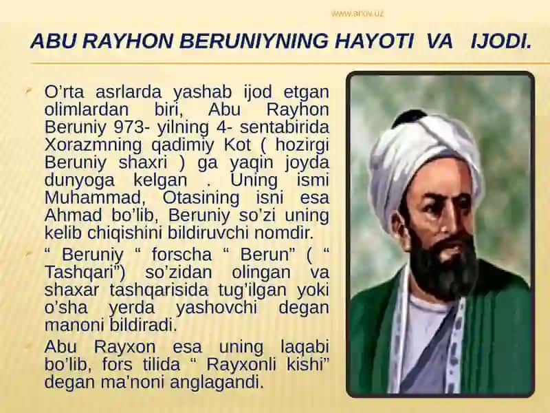 ABU RAYHON BERUNIYNING JAHON SIVILIZATSIYASI XAZINASIGA QO`SHGAN XISSASI 3