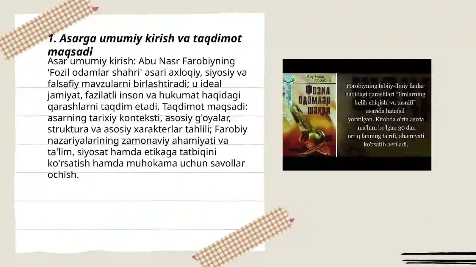 Abu Nasr Farobiyning Fozil odamlar shahri asari yuzasidan taqdimot Safarova Munira 3