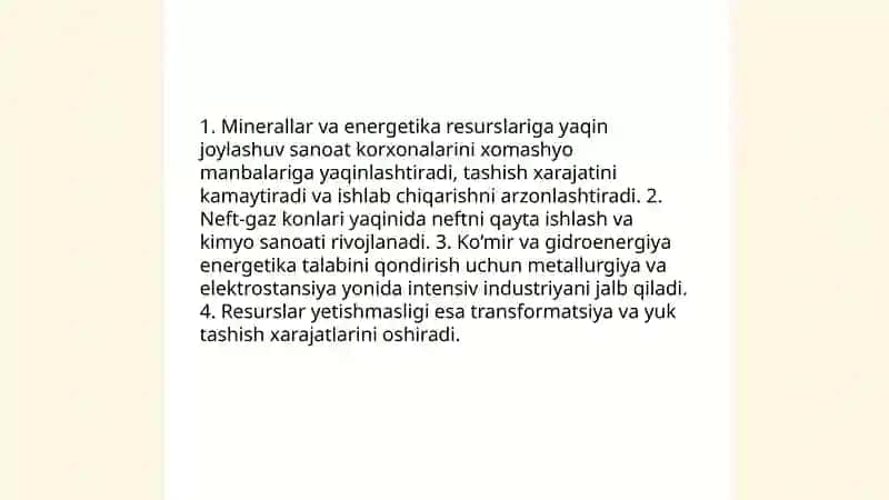 Sanoat tarmoqlarining hududiy joylanishi va rivojlanishiga tabiiy va iqtisodiy omillarning ta'siri 3