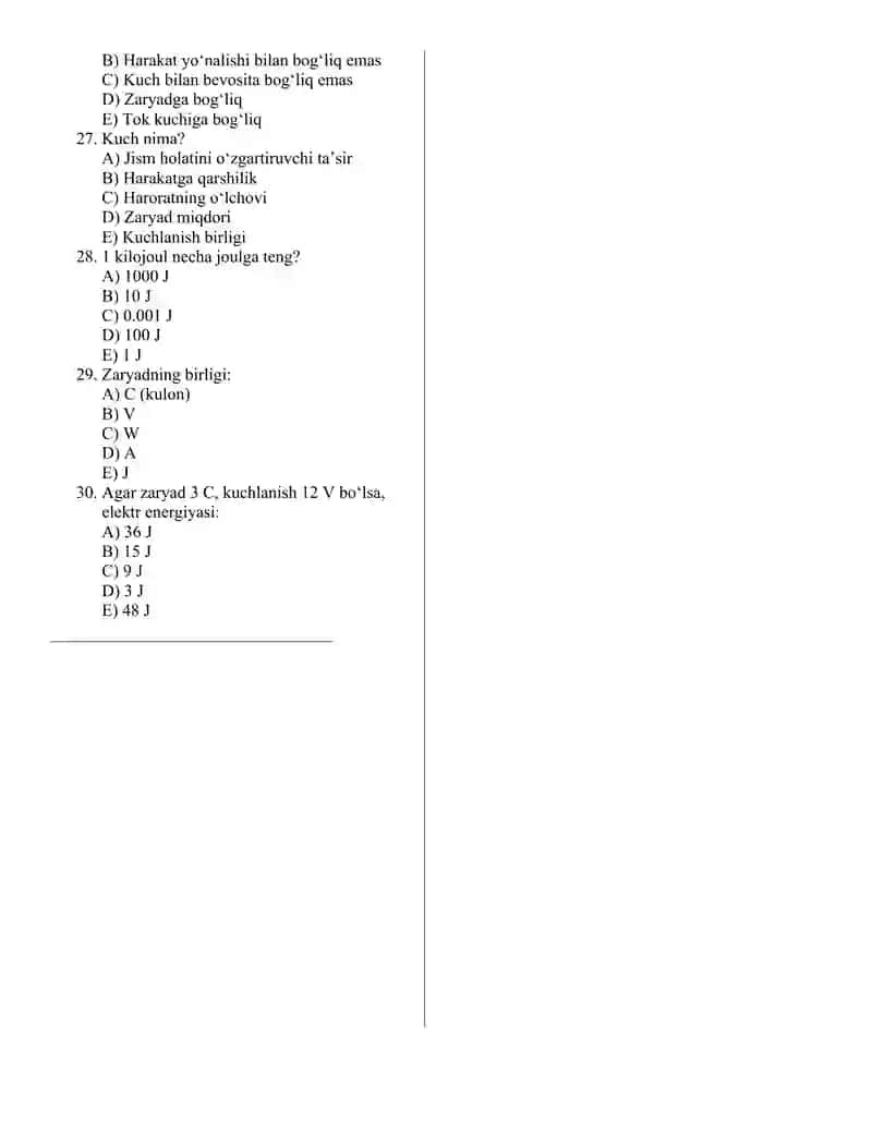 Politexnikum 1-kurslar uchun Fizika fanidan 1-semestr yakuni bo'yicha olinadigon 1-oraliq nazorat uchun test savollari javoblari bilan 4 ta variantda 30 ta'lik test 3