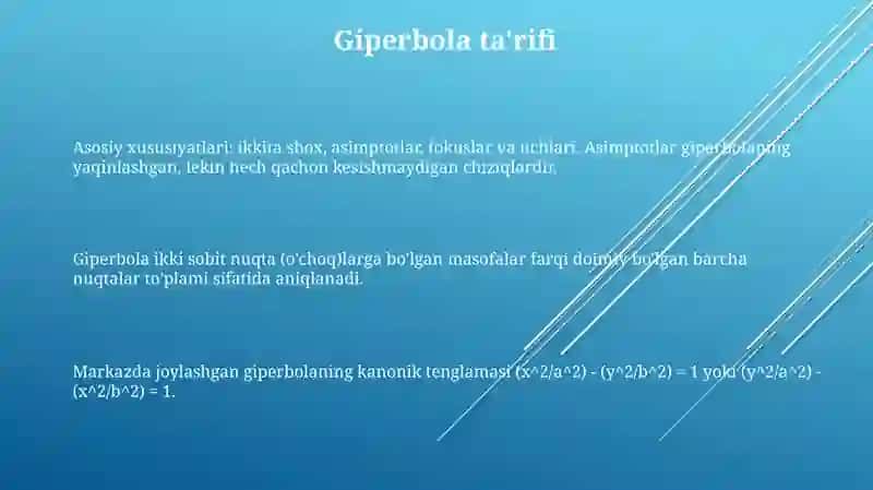 Giperbola tarifi Kanonik tenglamasi. Xossalari.Giperbola asimptotalari 3