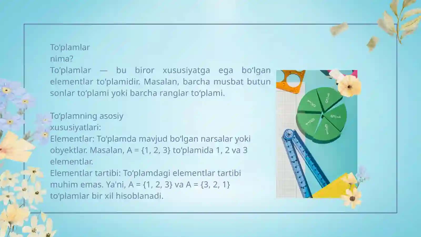 Toʻplamlar va ularning ustida amallar sanoqli toʻplmalar.Ekvivalent toʻplamlar. Akslantirish va ularning turlari. Teskari akslantirish 3