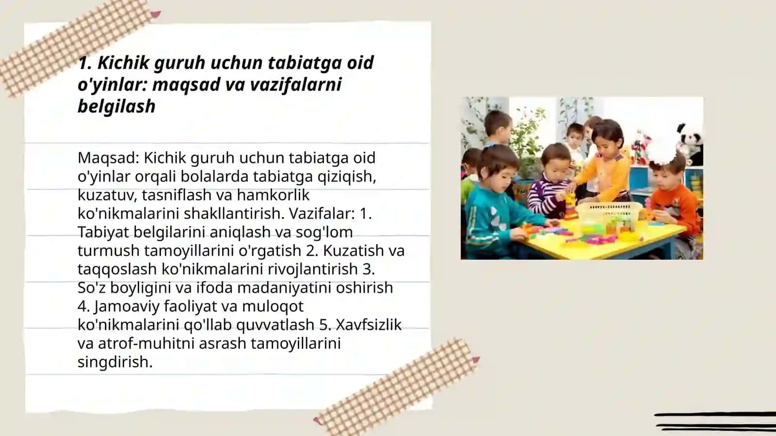 Kichik guruhlarda tabiatga oid o'yinlarni tashkil etishning mashg'ulot ishlanmalarini tuzish 3