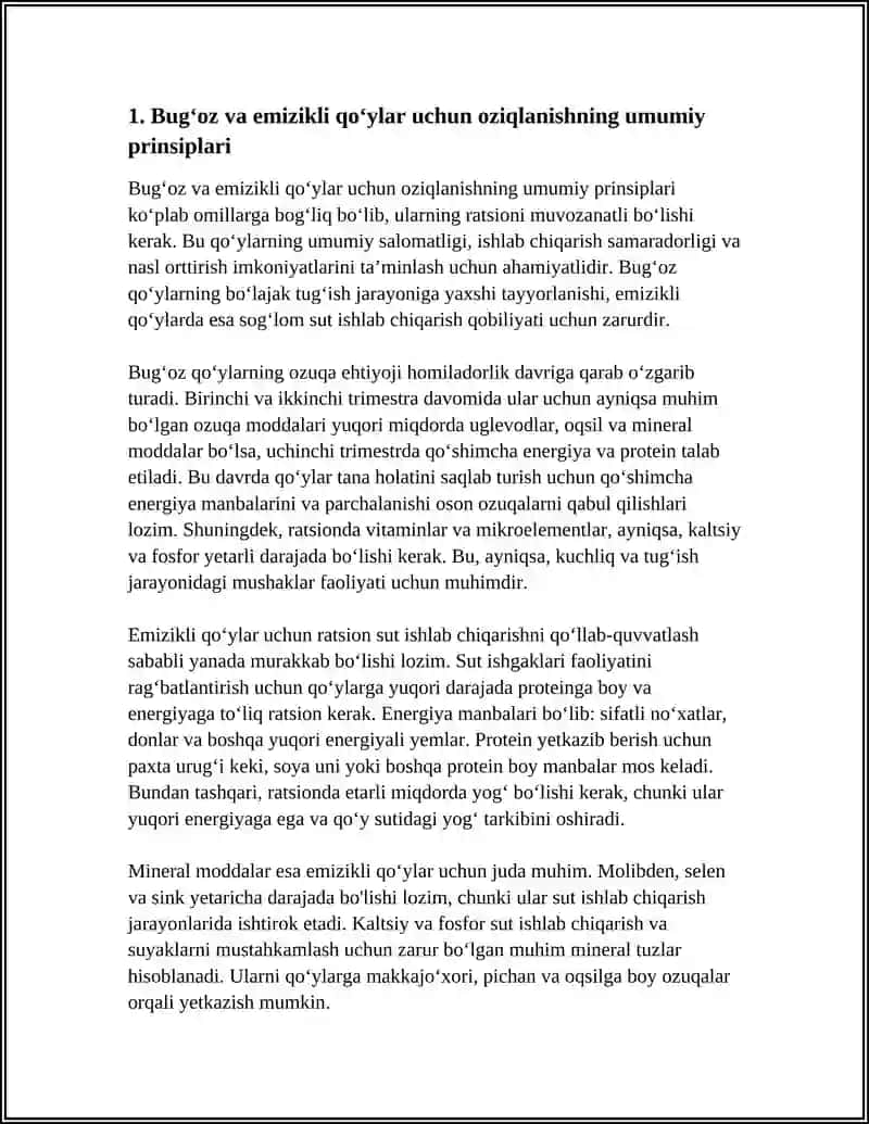 BUGʻOZ VA EMIZIKLI QO'YLAR UCHUN OZIQLANTIRISH RATSION TUZISH 3