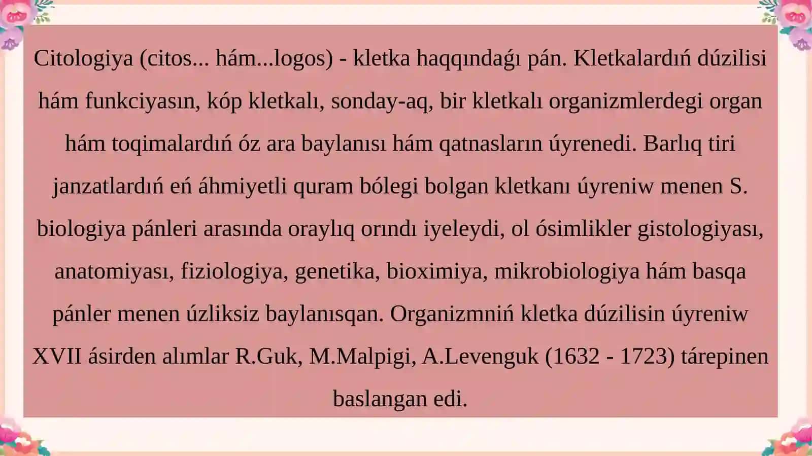 Búgingi kúnde citologiya pániniń jetiskenlikleri, mashqalaları hám keleshegi. 3